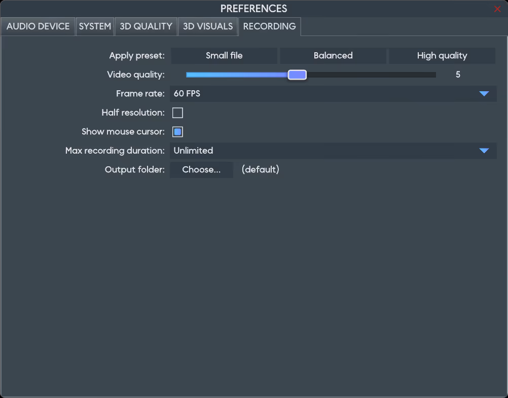 The Preferences dialog on the Recording tab: quality presets, video quality, frame rate, half resolution, mouse cursor, max duration, and output folder