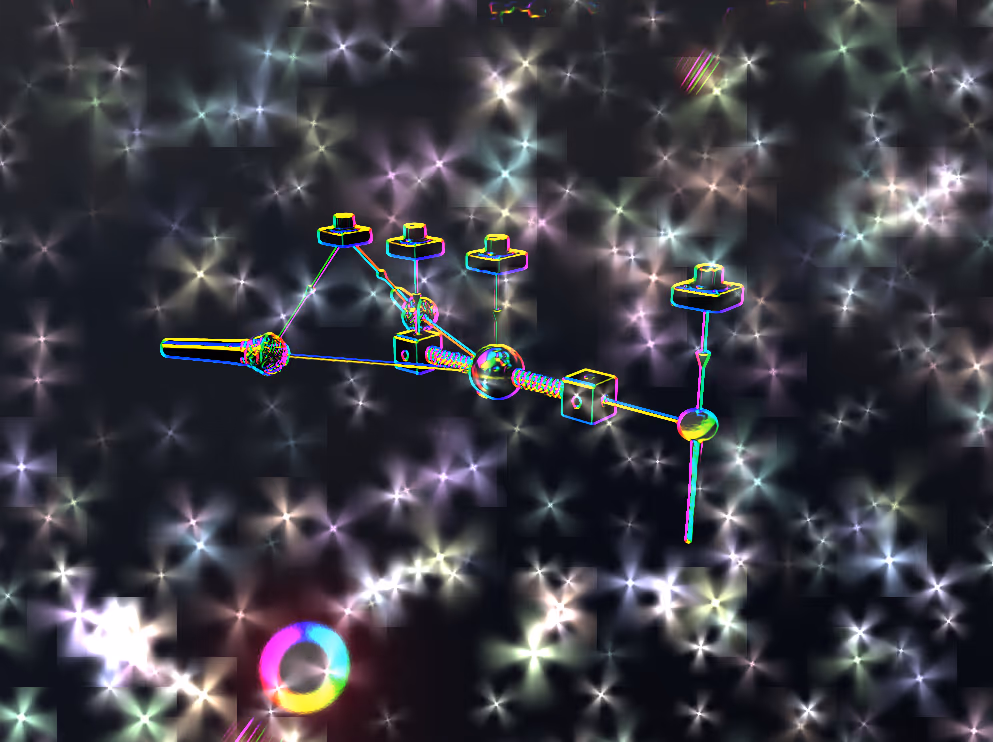 An instrument rendered with a psychedelic visual shader: neon rainbow outlines on a starry kaleidoscopic background
