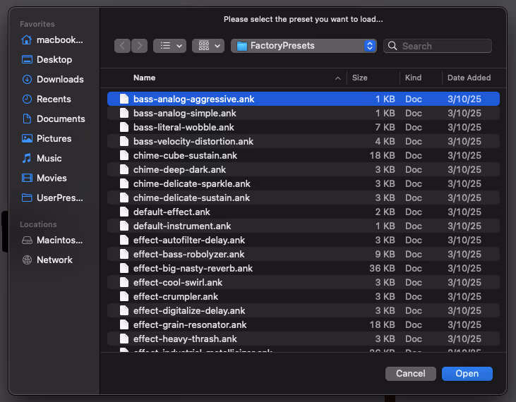 The file picker listing factory preset .ank files such as bass-analog-aggressive and chime-delicate-sparkle
