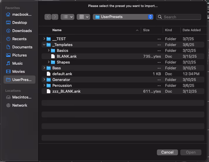 The file picker for importing a preset, showing the UserPresets folder tree
