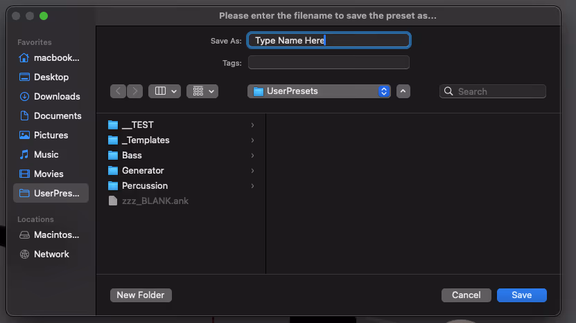 The save dialog prompting for a preset name inside the UserPresets folder