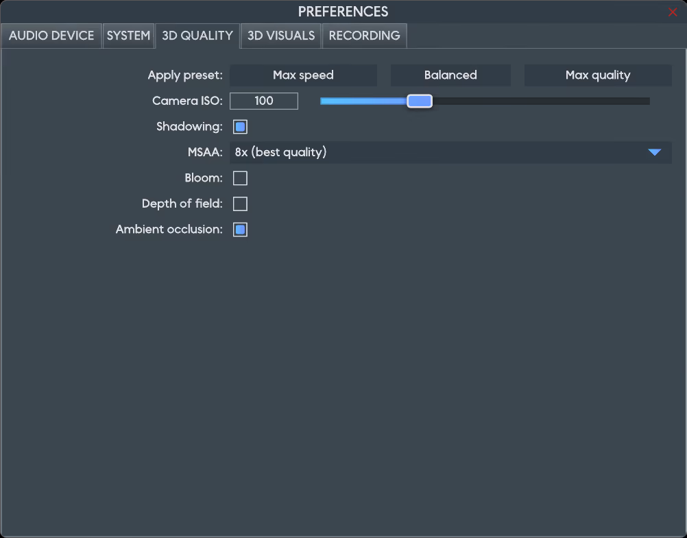The Preferences dialog on the 3D Quality tab: quality presets, camera ISO, shadowing, MSAA, bloom, depth of field, and ambient occlusion
