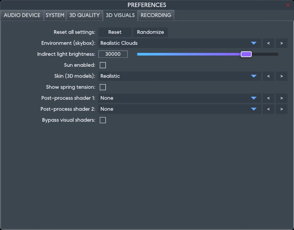 The Preferences dialog on the 3D Visuals tab: reset and randomize buttons, skybox environment, lighting, skin selection, spring tension, and post-process shader slots