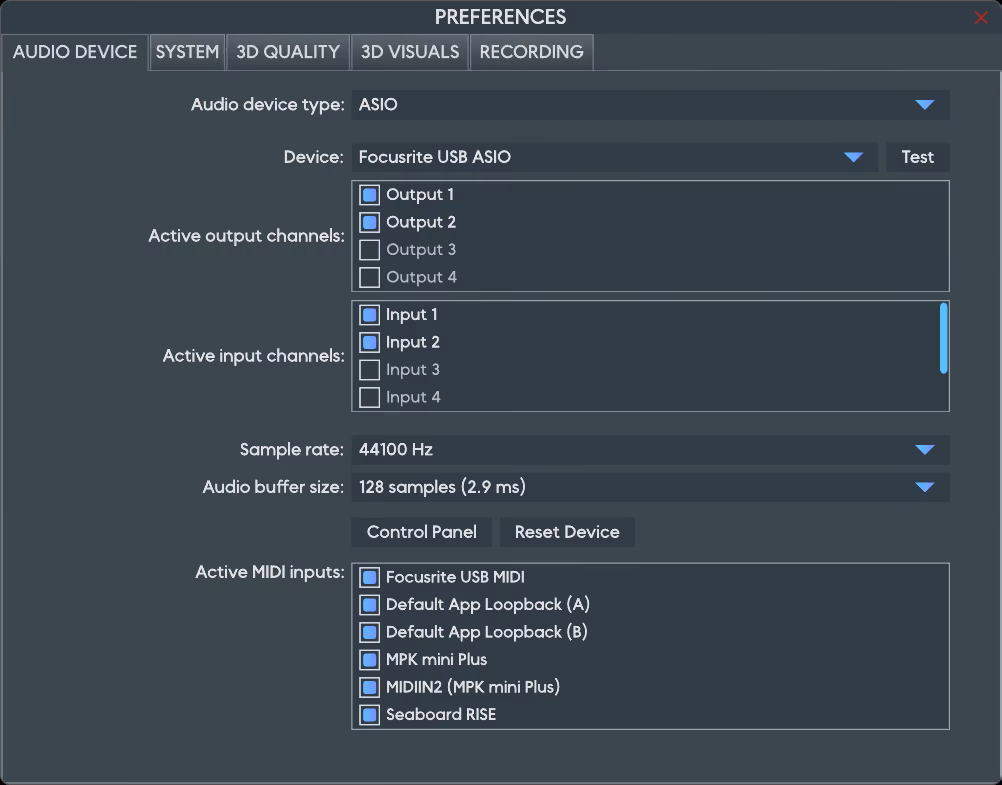 The Preferences dialog on the Audio Device tab: device type, active input and output channels, sample rate, buffer size, and active MIDI inputs
