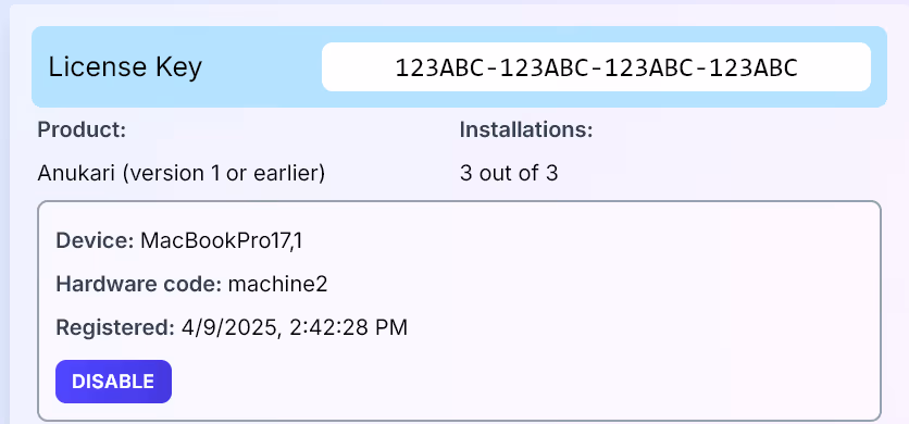 A license key on the anukari.com account page showing 3 out of 3 installations, with a registered device and its Disable button
