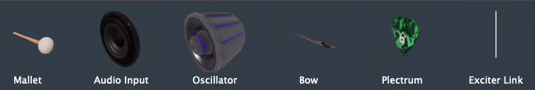 The Exciter section of the Object Palette: Mallet, Audio Input, Oscillator, Bow, Plectrum, and Exciter Link
