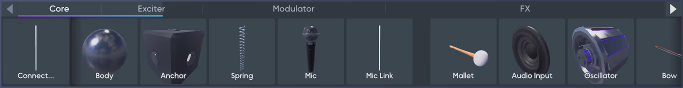 The Object Palette with its Core, Exciter, Modulator, and FX category tabs