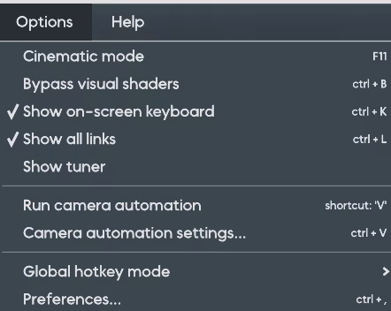 The Options menu, including the Show tuner setting, camera automation, hotkey mode, and preferences