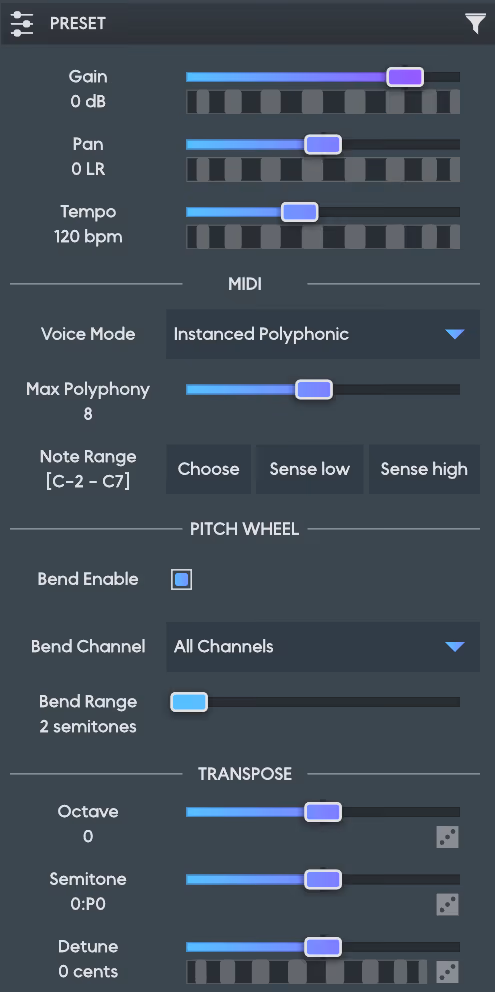 The Preset Properties panel with Gain, Pan, and Tempo sliders, the MIDI section with Voice Mode, Max Polyphony, and Note Range, the Pitch Wheel section, and the Transpose section