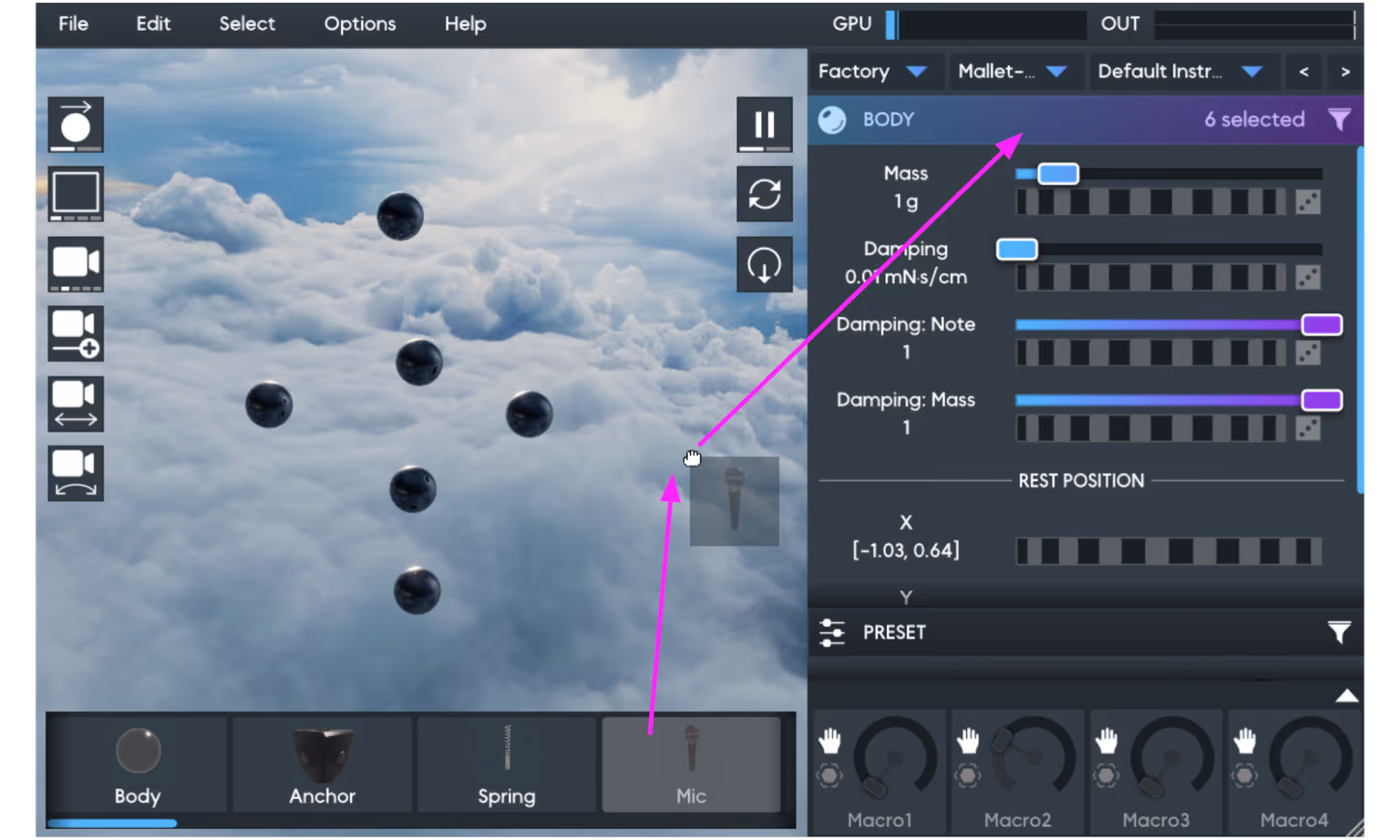 Dragging a Mic from the Object Palette onto the highlighted BODY panel header while six Body objects are selected