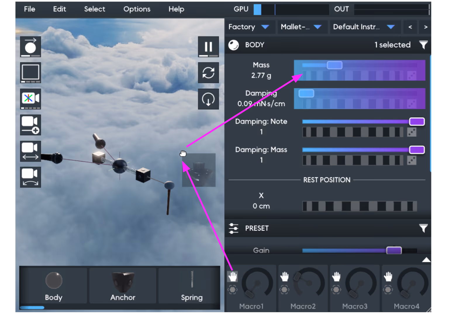 Dragging a Macro's hand icon onto the Mass parameter, which is highlighted in the Object Editor panel