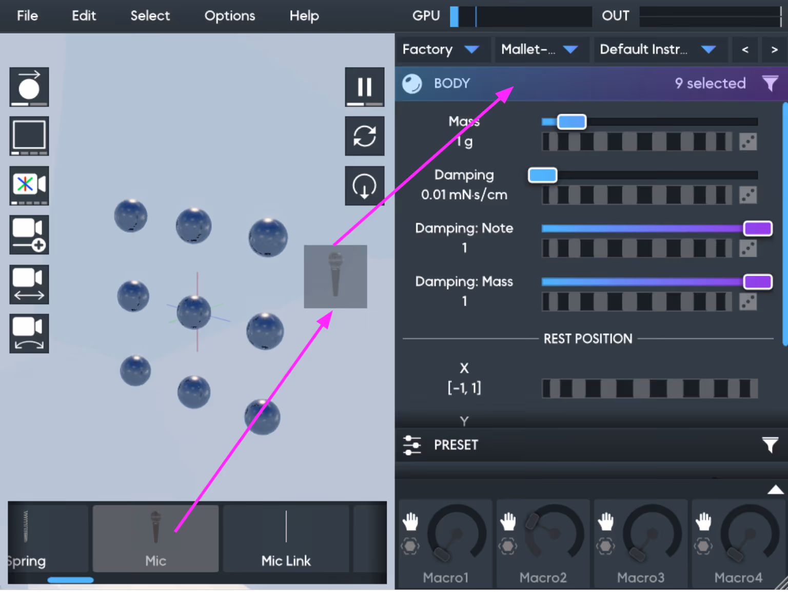 Dragging a new Mic from the Object Palette onto the BODY heading in the Object Editor panel while nine Body objects are selected