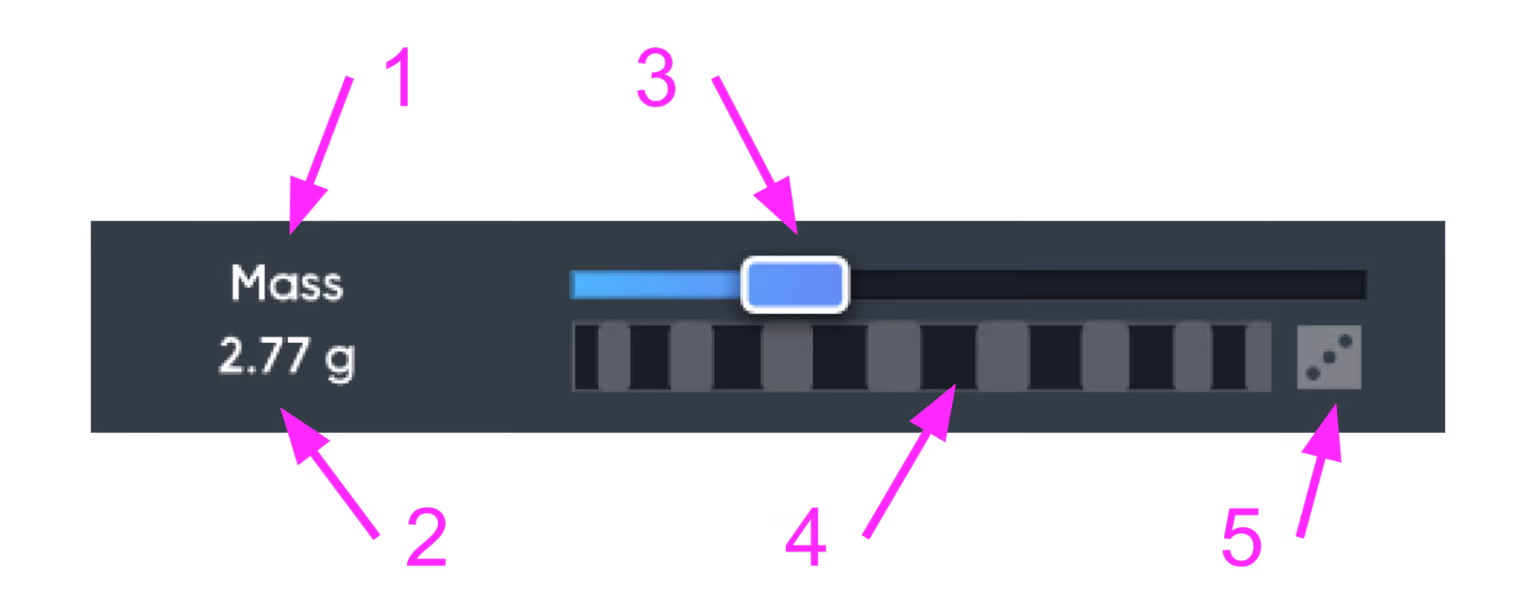 A Mass Parameter Slider with its controls annotated: parameter name, value and units, coarse adjustment slider, fine adjustment thumbwheel, and randomize button