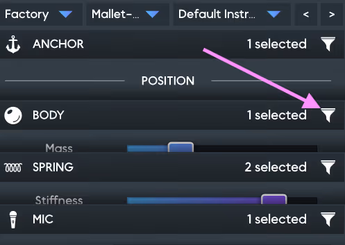An arrow pointing at the Filter button on the Body panel header in the Object Editor